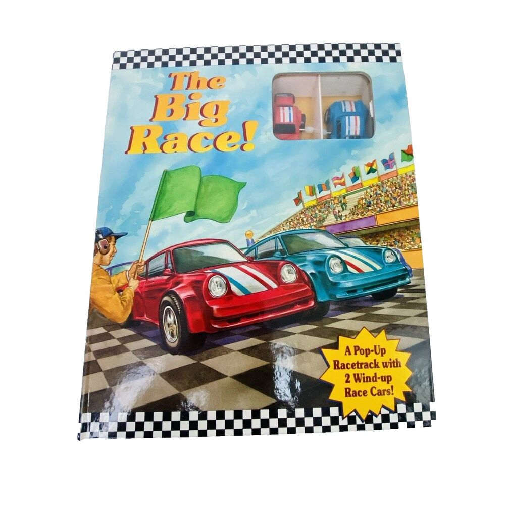 Vintage 1999 The Big Race Pop-Up Book w/ 2 Wind-Up Cars! Racetrack Toy Set
